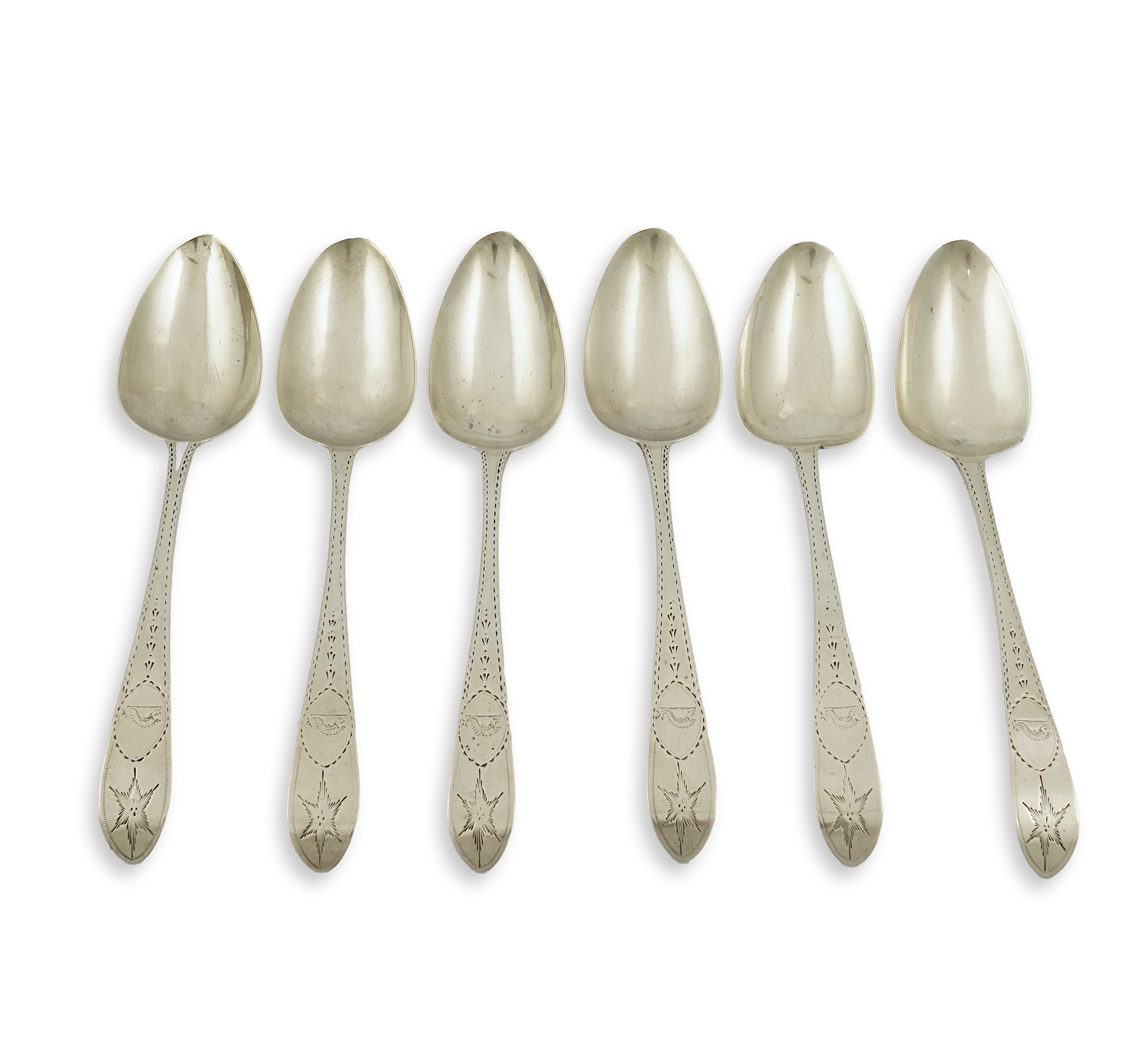 Five Victorian silver Old English pattern dessert spoons, by George Adams, London, 1880 and three other matched dessert spoons by Roberts & Dore, Sheffield, 1931, 11.6oz. Condition - fair